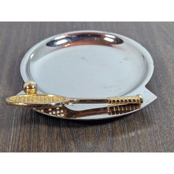 VTG Brass Tone Tennis Racket Coin Dish Ashtray Preppy Dad Retro Made in Taiwan - Picture 4 of 6
